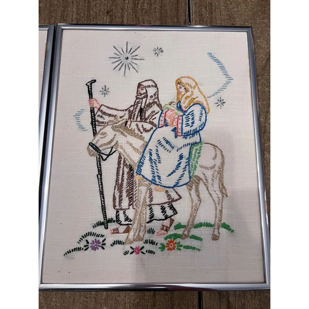 Vintage Needlepoint Completed Framed Three Wise Men + Holy Family Artwork MCM